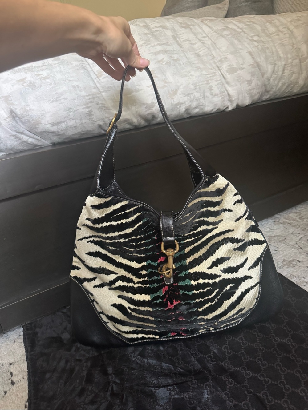 Gucci Black & White Zebra-Print Jackie Shoulder Hobo with Gold Hardware